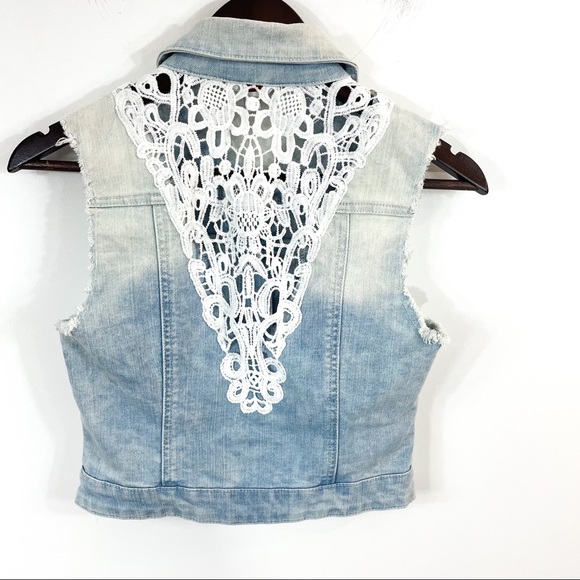 Guess Distress Denim Vest With Lace Back - Picture 2 of 3